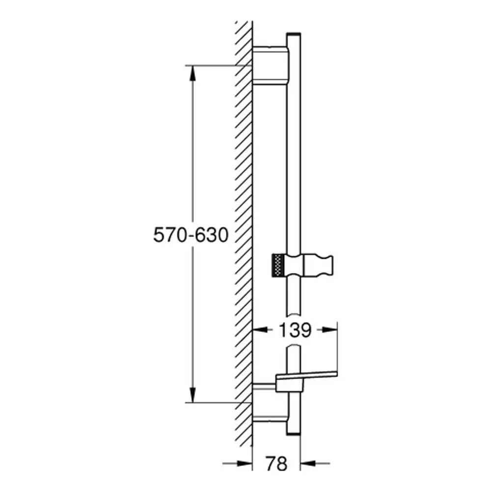 Detailzeichnung einer Grohe Brausestange mit verschiedenen Maßen, die an einer Wand montiert ist. Sichtbare Elemente sind Halterungen und ein verstellbarer Hebel.