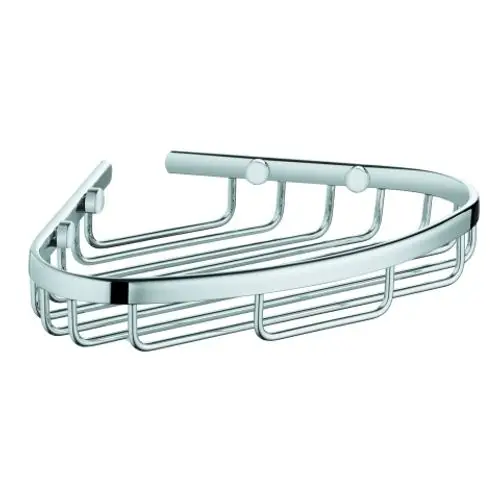 Ein glänzender, halbrunder Duschkorb aus Edelstahl mit mehreren Rillen und zwei Halterungen zur Wandmontage. Ideal für Badezimmeraccessoires.