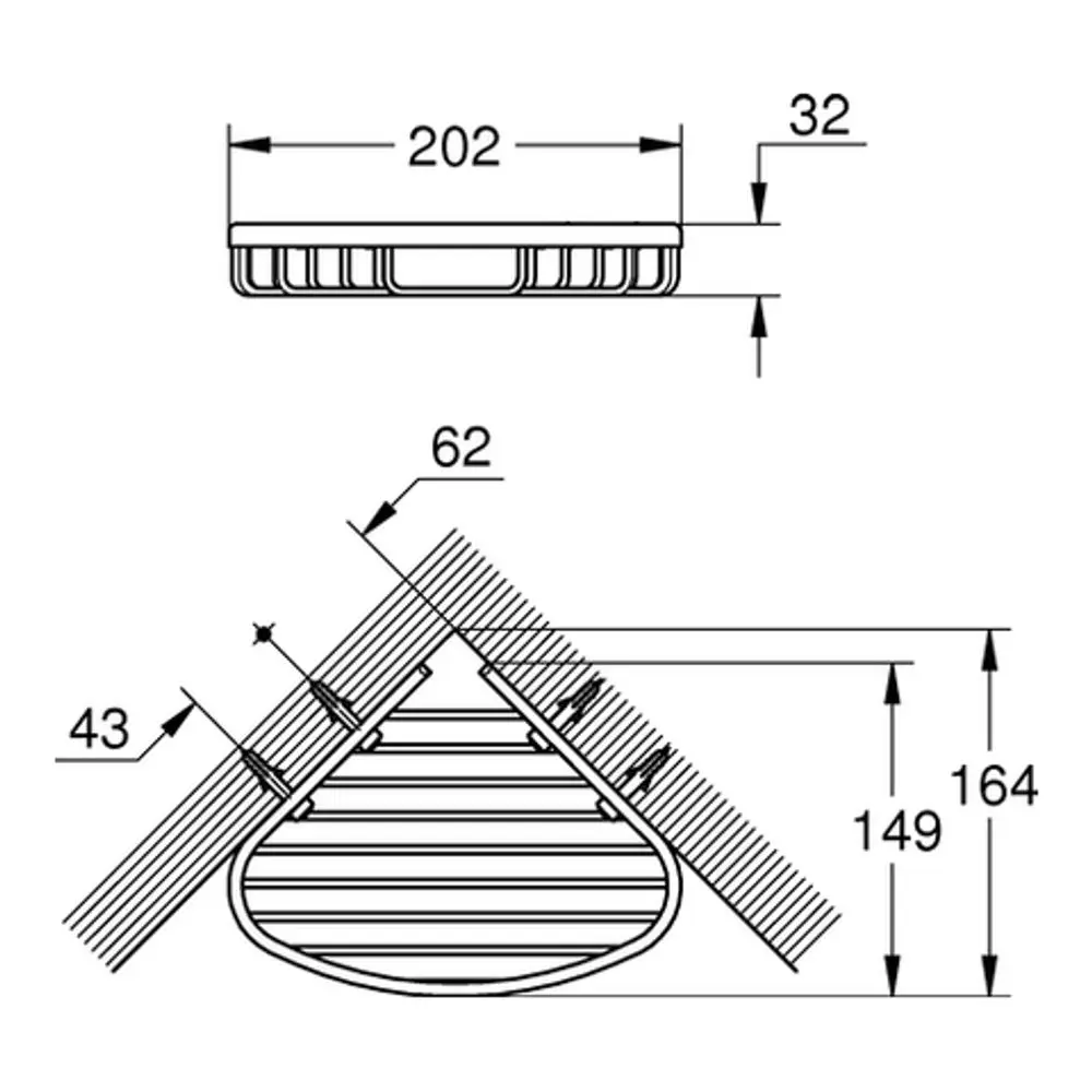 GROHE Ablagekorb mit ovaler Form, montiert an einer schrägen Wand. Details sind durch horizontale Rillen strukturiert. Das Design ist schlicht und funktional.