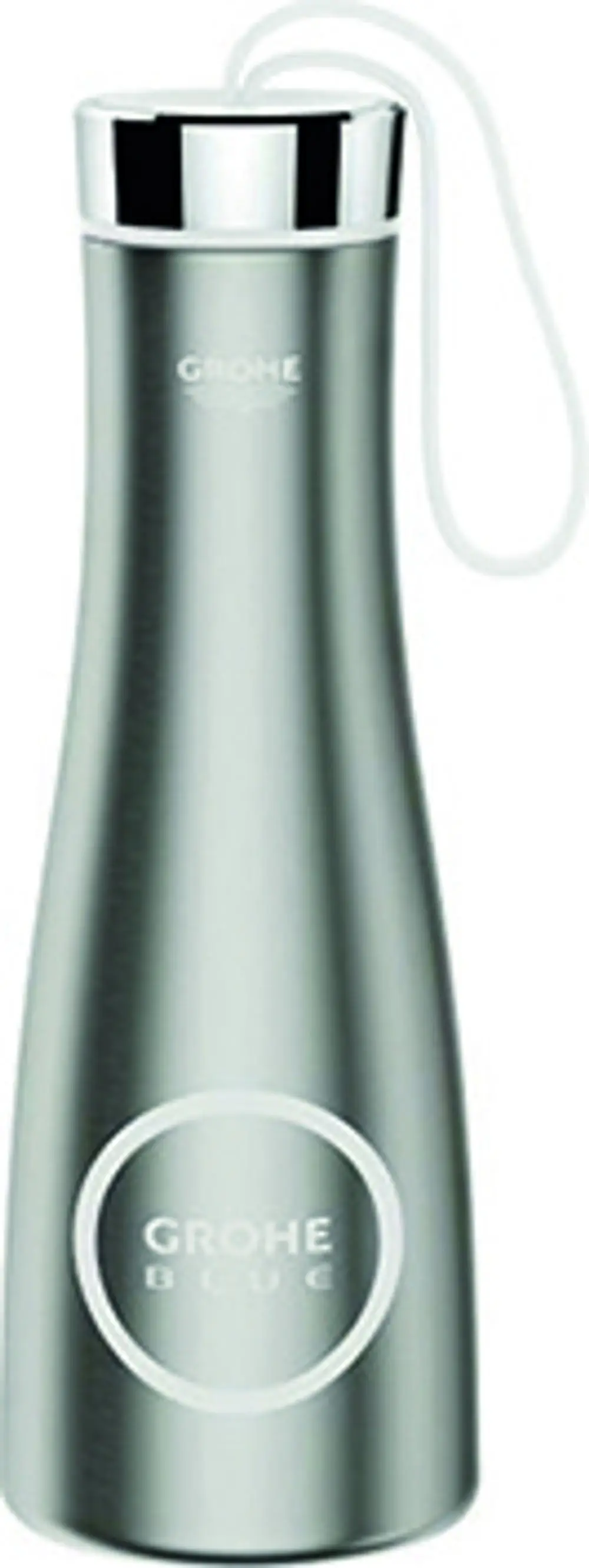 Edelstahl-Trinkflasche mit einem schlichten Design und einem Verschluss, bedruckt mit der Marke Grohe. Volumen von 450 ml, ausgestattet mit einem Trageband.