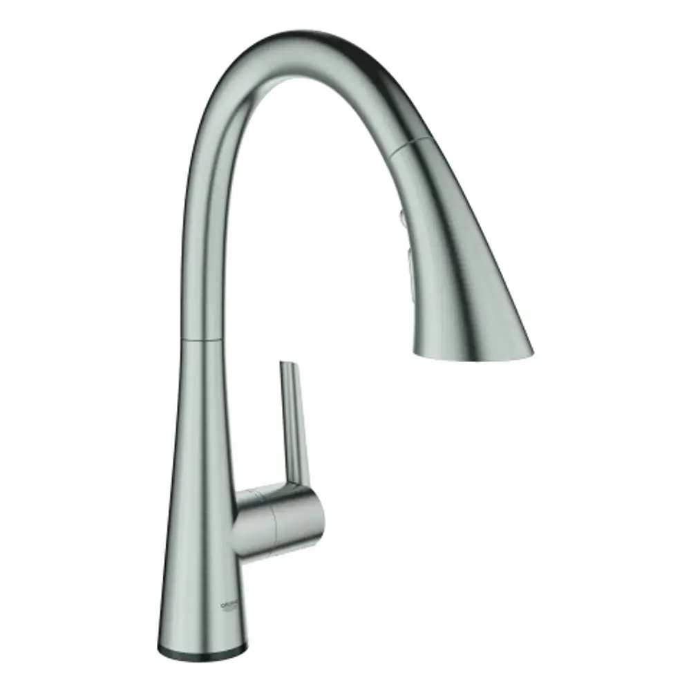 Grohe Wasserhahn in Edelstahloptik mit hohem, geschwungenem Auslauf und seitlichem Hebel. Enthält eine herausziehbare Brause mit verschiedenen Strahlarten.