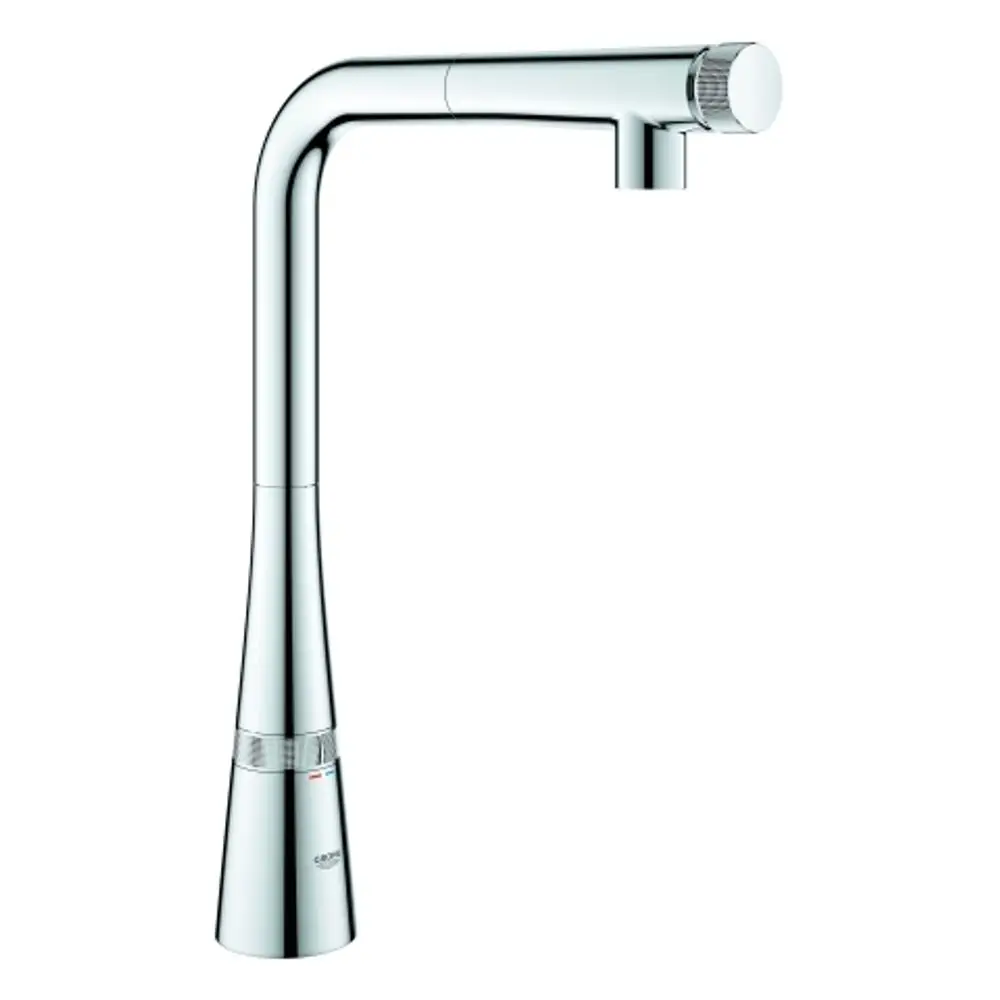 Grohe Armatur mit hohem Auslauf und seitlichem Bedienknopf, verchromte Oberfläche, geeignet für eine moderne Küche oder Waschbereich.