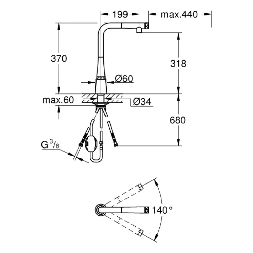 Grohe Küchenarmatur mit flexiblem Auslauf und Brausefunktion, dargestellt in technischen Zeichnungen mit Maßangaben und Installationsdetails.