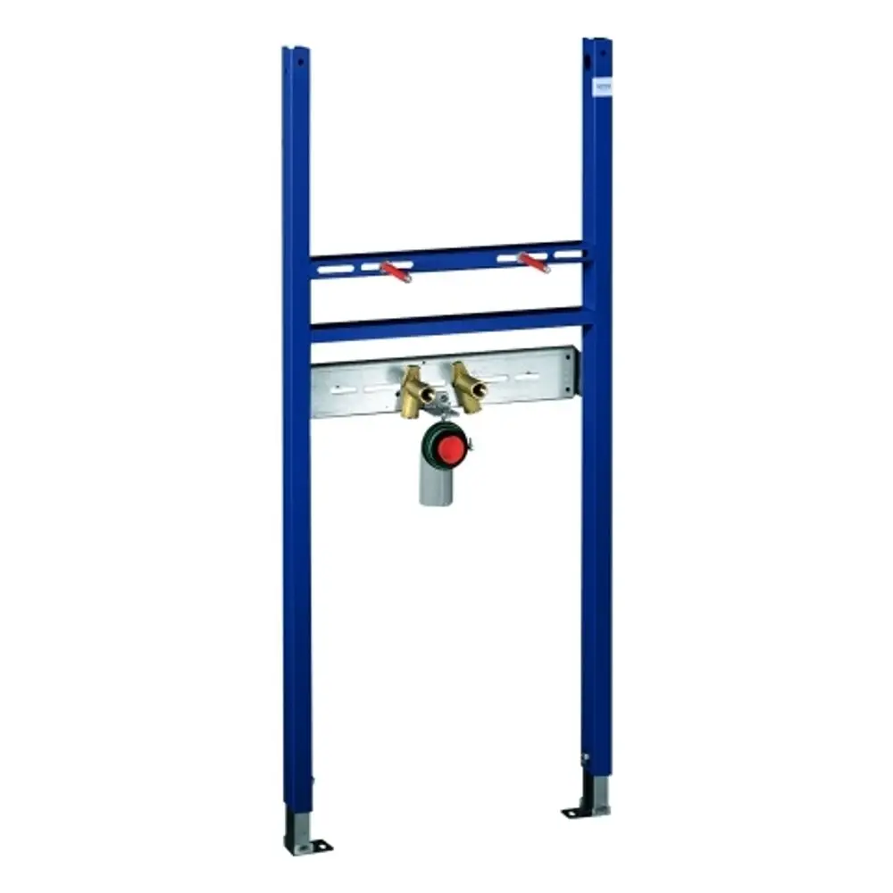 GROHE Montageelement in blauer Farbe zur Installation von Sanitäranlagen, mit Platz für Wasser- und Abwasseranschlüsse.