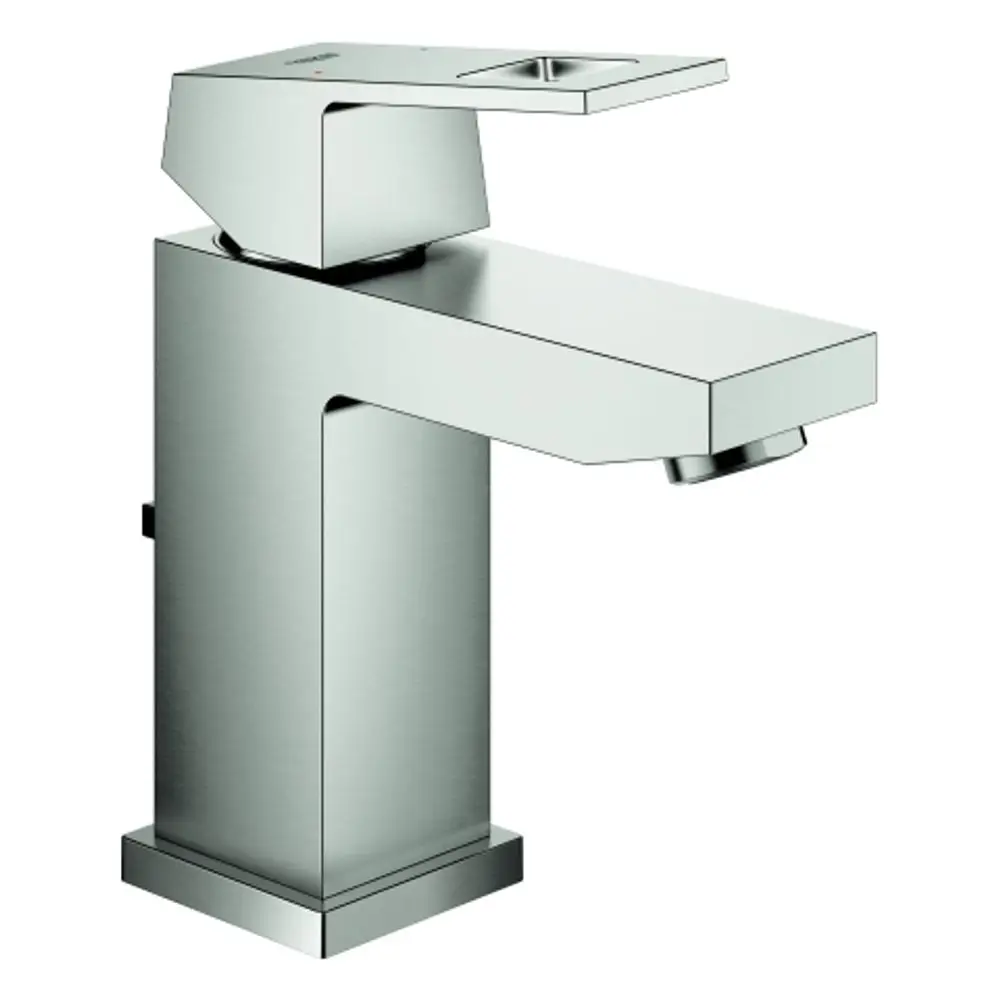 Grohe Wasserhahn in rechteckiger Designform aus Edelstahl. Der Hahn hat einen flachen Auslauf und einen Hebel zum Regulieren von Wasser- und Temperaturfluss.