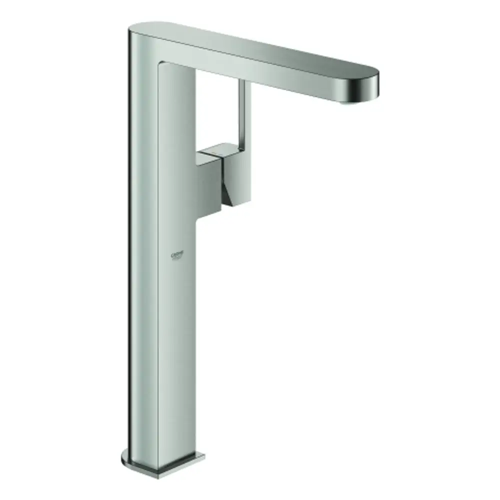 Waschtischarmatur aus Edelstahl von Grohe mit schmalem, rechteckigem Design und seitlichem Hebel zur Steuerung des Wasserflusses.