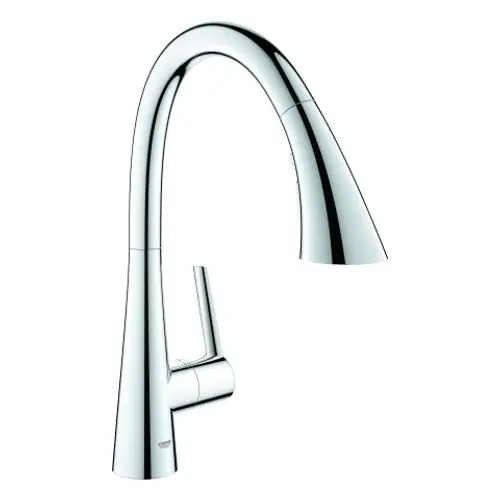 Ein verchromter Küchenarmatur mit einem geschwungenen Auslauf von Grohe und einem Hebel zur Steuerung des Wasserflusses. Die Auslaufdüse hat mehrere Strahlarten.