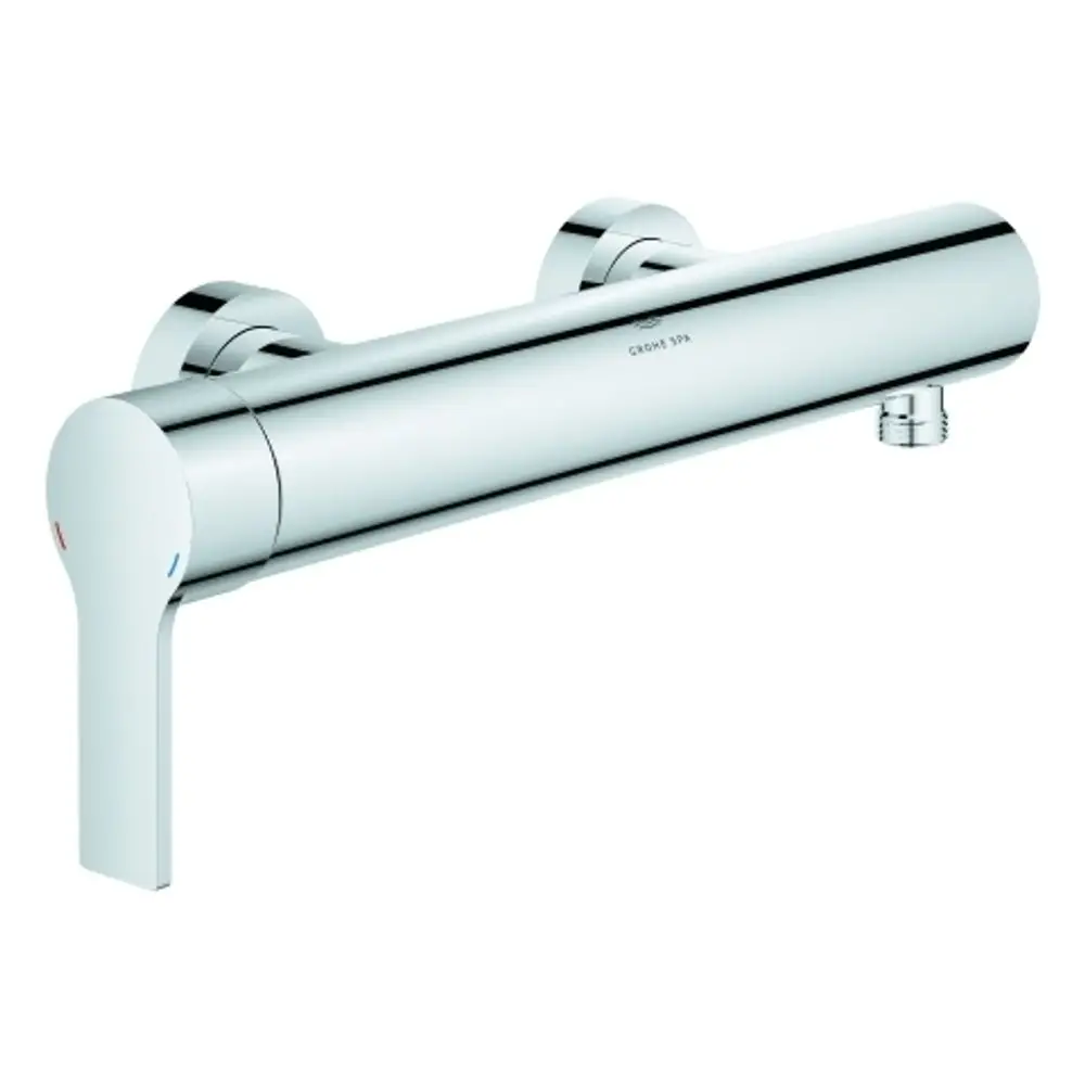 Wandmontierte, verchromte Brausebatterie von Grohe mit einem schlichten, runden Design und einem Hebel zur Temperatur- und Wassermengenregulierung.