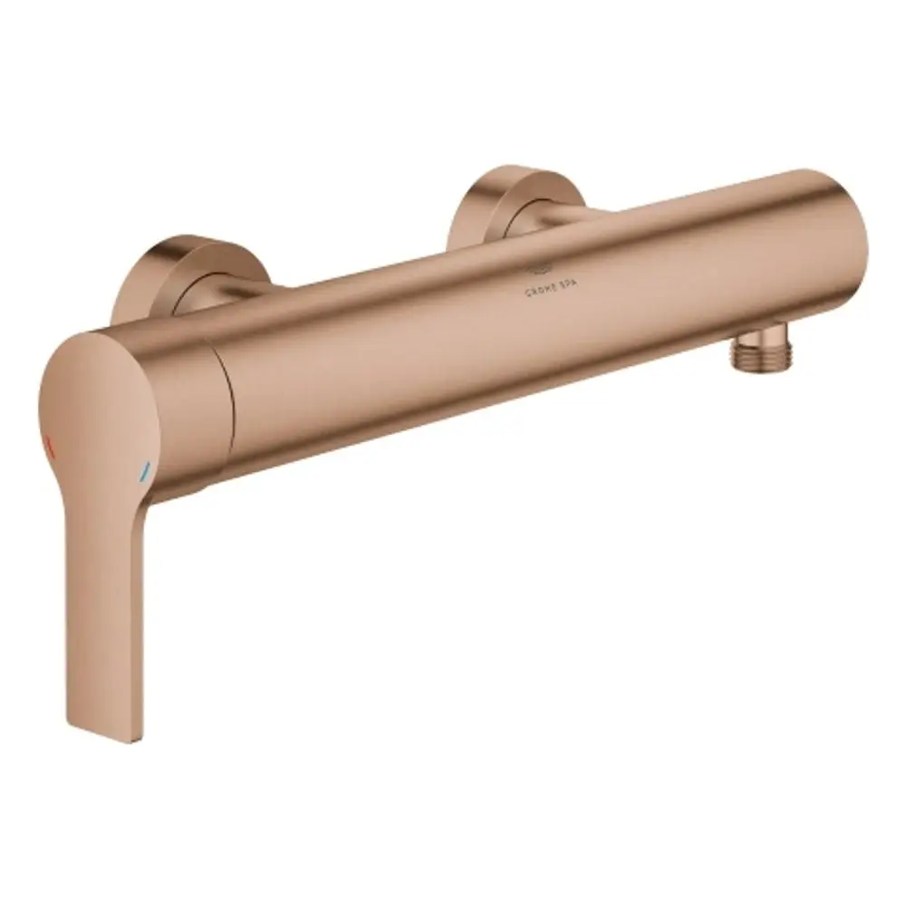 Wandmontierte Grohe-Brausebatterie in warmem Kupferfinish, mit zwei Anschlüssen und einem Hebel zur Steuerung von Wasserfluss und Temperatur.