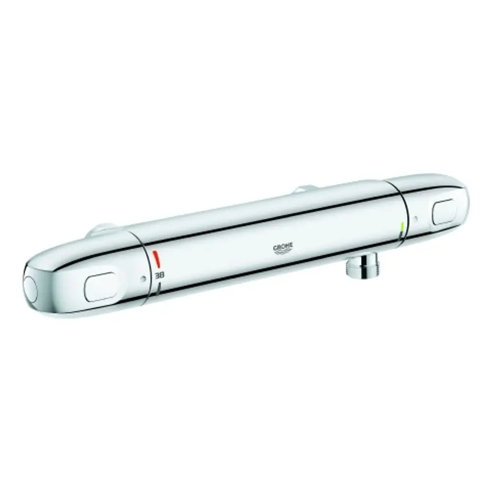 Chromfarbene Brausebatterie von Grohe, schlankes Design mit zwei Bedienknöpfen und Temperaturanzeige in Rot und Grün.