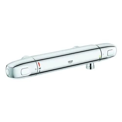 Chromfarbene Brausebatterie von Grohe, schlankes Design mit zwei Bedienknöpfen und Temperaturanzeige in Rot und Grün.