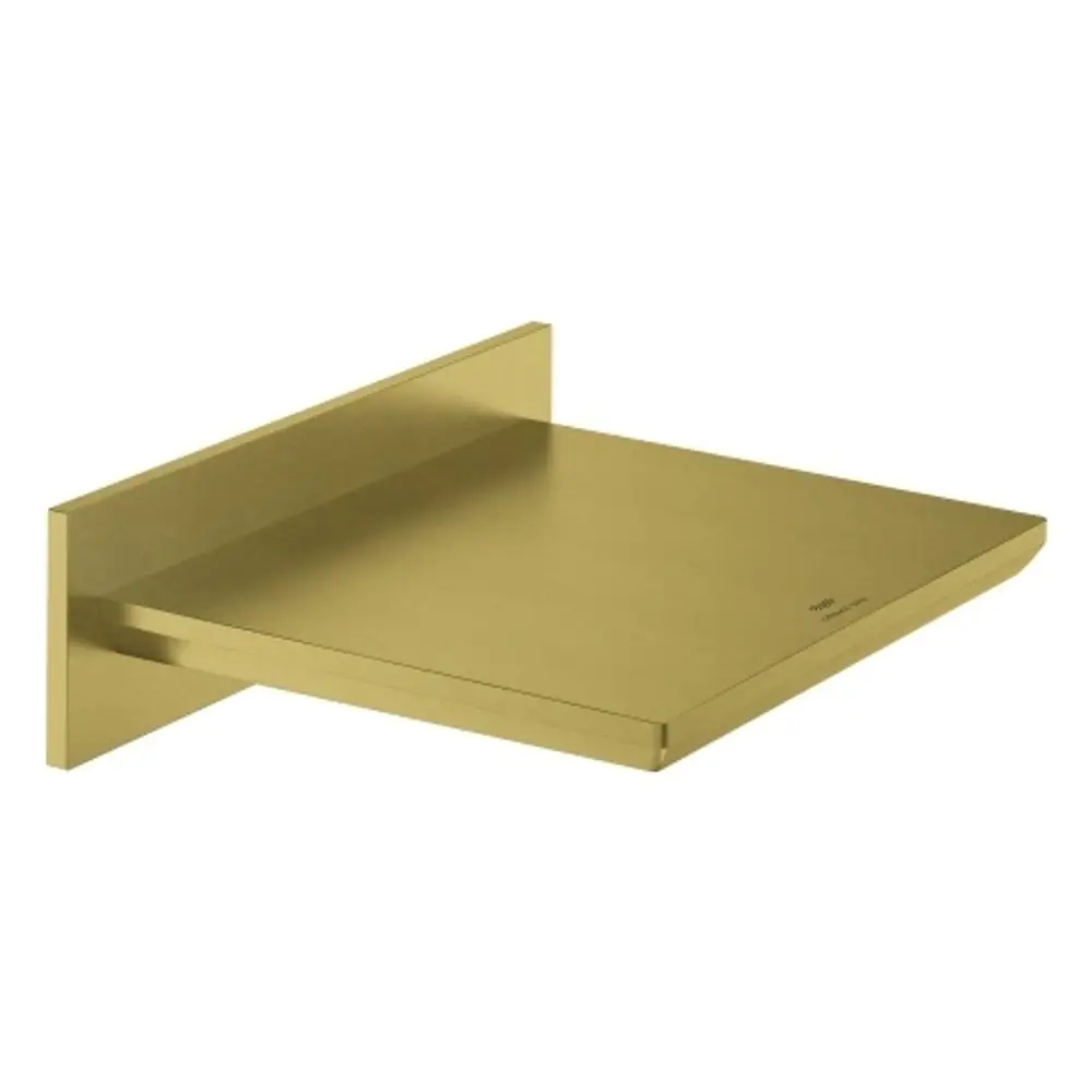 Wandmontierter, flacher Auslauf in goldener Farbe von Grohe, geeignet für Badewanne oder Dusche, mit klaren Linien und minimalistischen Design.