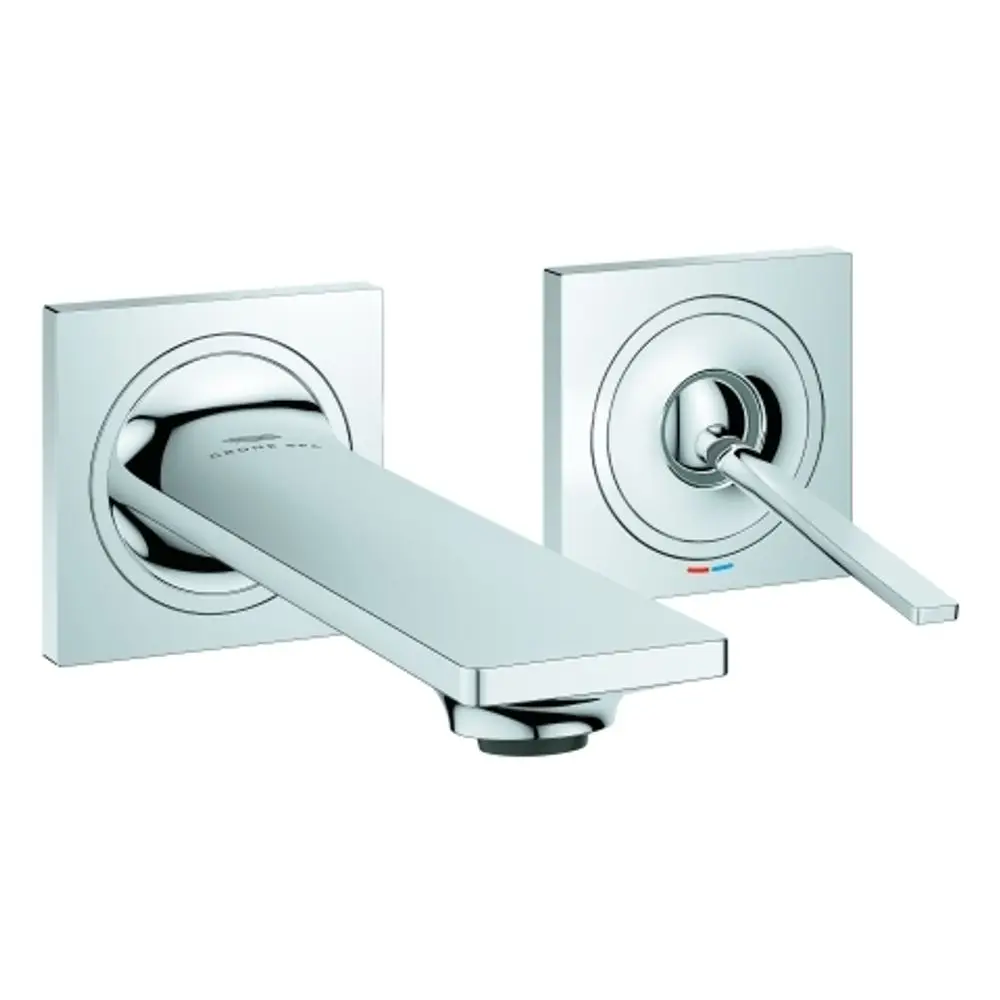 Grohe Wandbatterie aus glänzendem Chrom mit einem länglichen Auslauf und einem separaten Bedienhebel zur Temperatur- und Mengenregulierung.