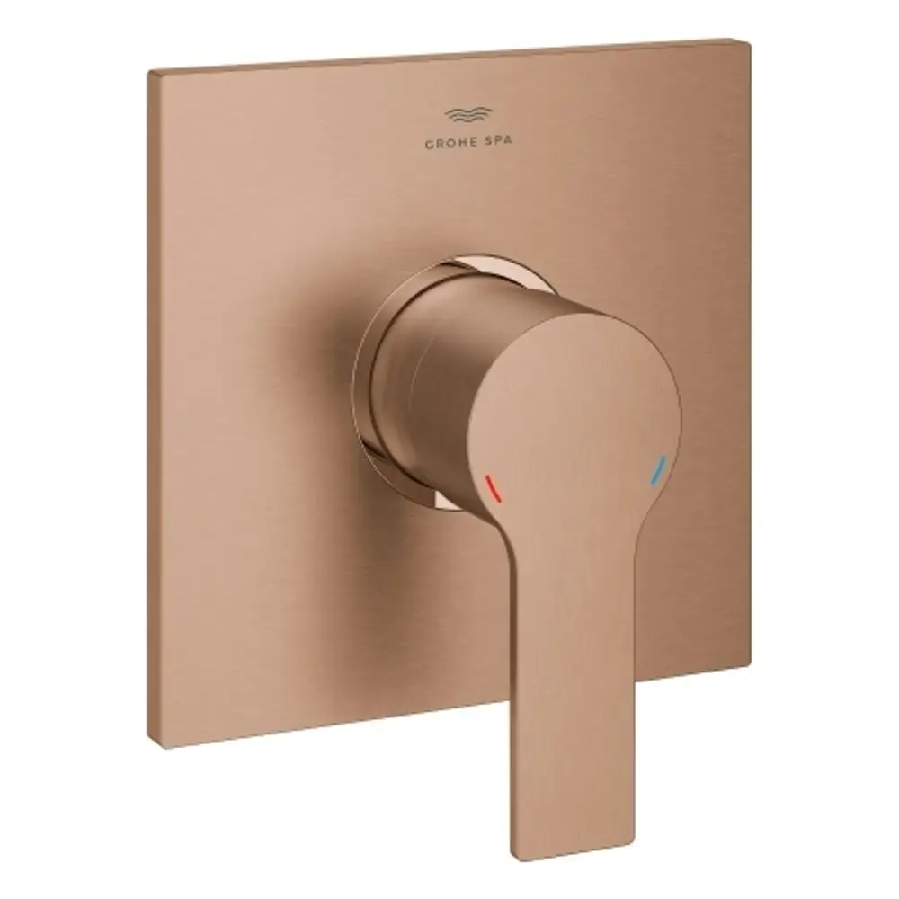 Grohe-Warmwasser-Brausebatterie mit flachem Bedienhebel und quadratischem Platte, in einem Metallfinish mit farbigen Markierungen für heiße und kalte Wasserregulierung.