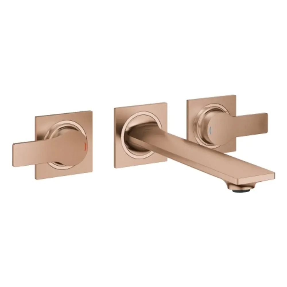 Wandbatterie von Grohe mit zwei Bediengriffen und einem geraden Auslauf. Oberflächenfinish in warmem Sunset.