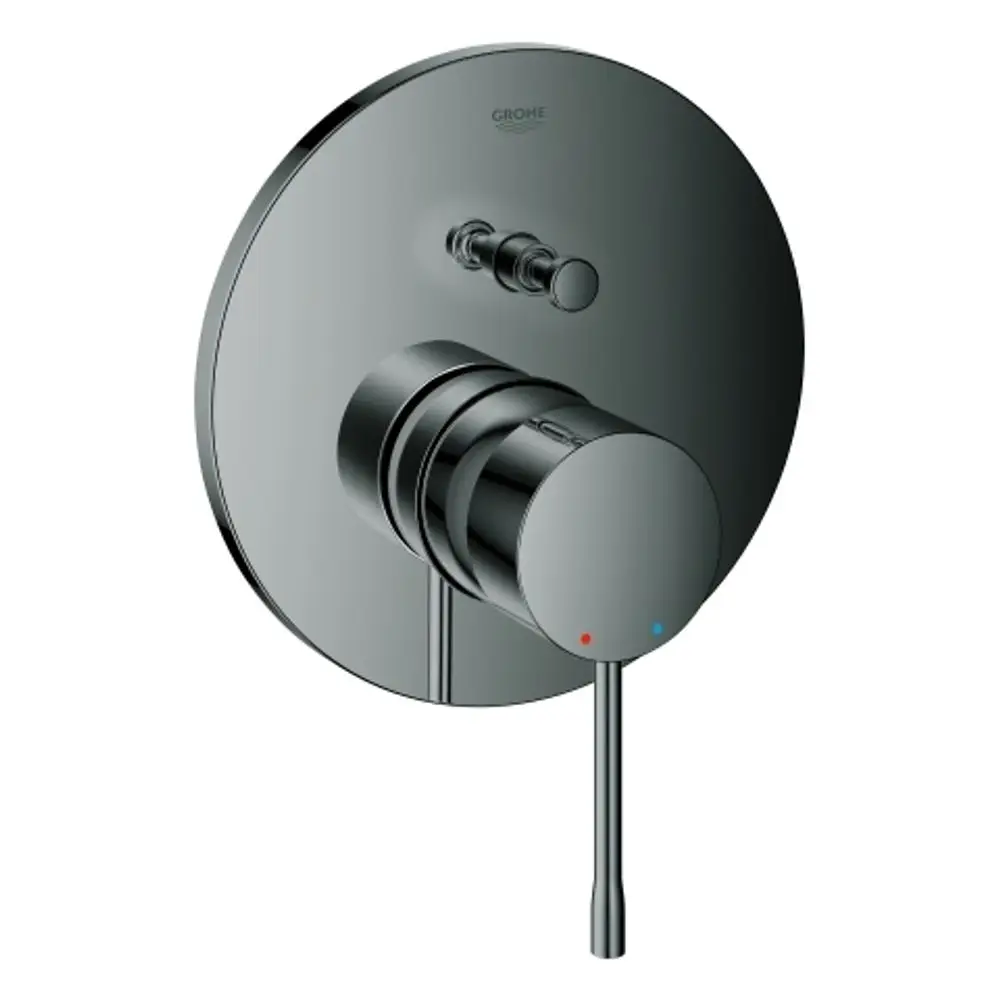 Wannenbatterie von Grohe mit einem runden Bedienfeld, einem Temperaturregler und einem Wasserabgang, in einem schlichten schwarzen Design.