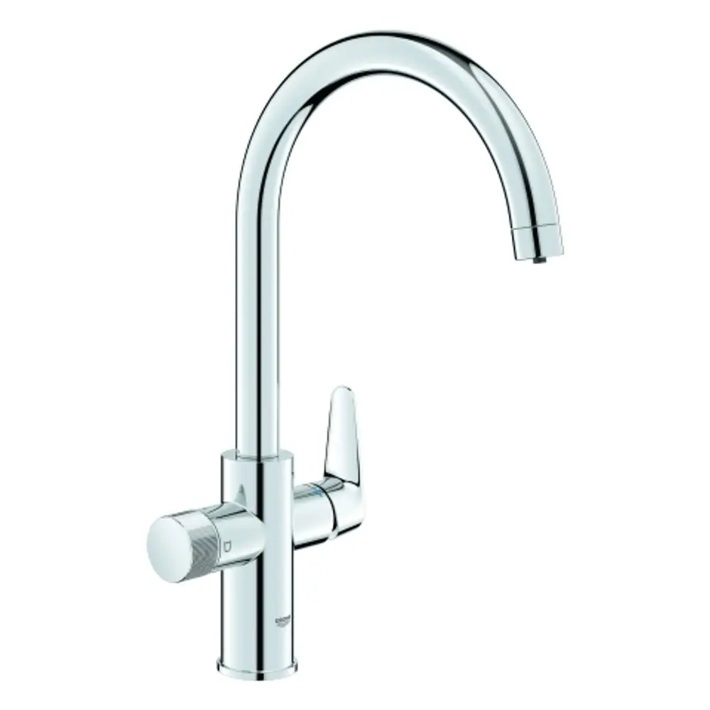 Küchenarmatur mit hoher Auslauföffnung, einhebeliger Steuerung und glänzender Oberfläche, präsentiert von Grohe.