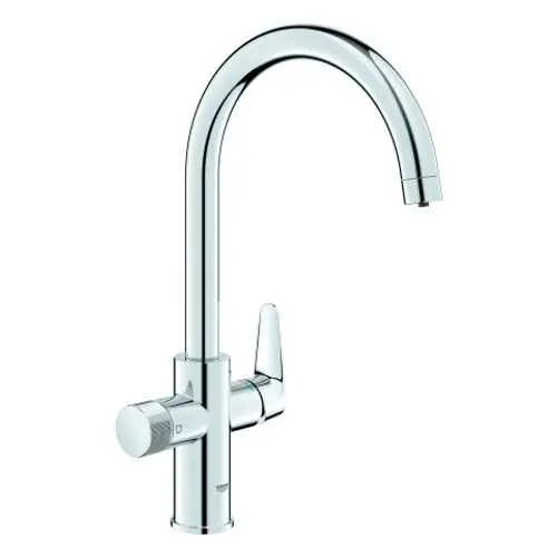 Küchenarmatur mit hoher Auslauföffnung, einhebeliger Steuerung und glänzender Oberfläche, präsentiert von Grohe.