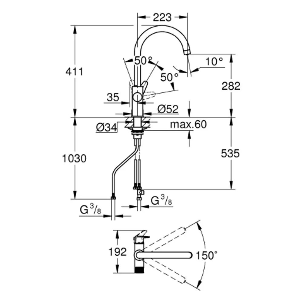 Küchenarmatur von Grohe mit hohem Auslauf, detaillierte technische Zeichnung mit Maßangaben und Bewegungsbereichen für Hebel und Auslauf.