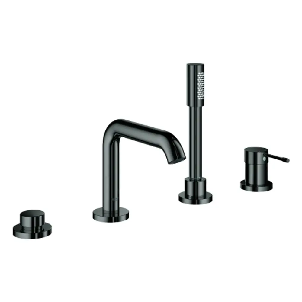 Sortiment von Grohe mit einer schwarzen 4-Loch-Wannenkombination, bestehend aus Wasserhahn, Handbrause, und Bedienelementen, auf einem neutralen Hintergrund.
