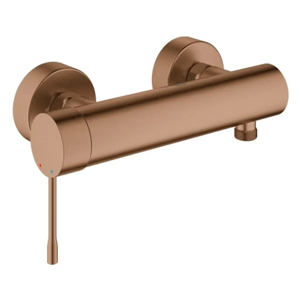 Wandmontierte Brausebatterie in bronzefarbenem Finish von Grohe, mit schmalem Hebel und Temperaturanzeigen für kaltes und warmes Wasser.