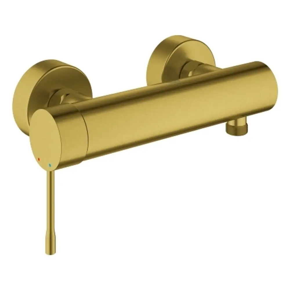 Wandmontierte Grohe-Brausebatterie in gebürstetem Gold mit einem minimalistischen Design und separate Steuerung für Warm- und Kaltwasser.