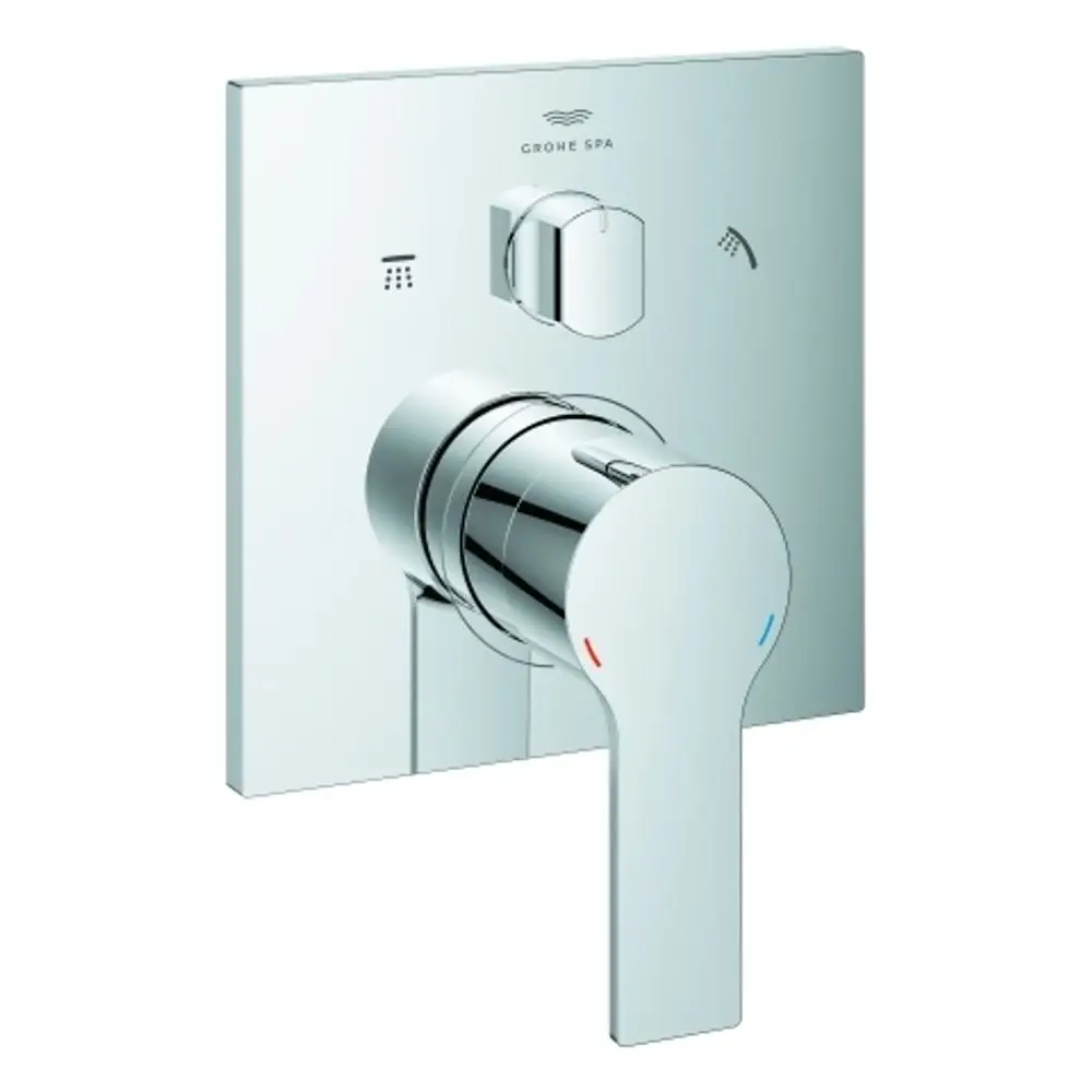 Grohe Einhandbatterie mit chromfarbener Oberfläche, bestehend aus einem runden Bedienhebel und einem quadratischen Grundplatte, für die Wandmontage geeignet.