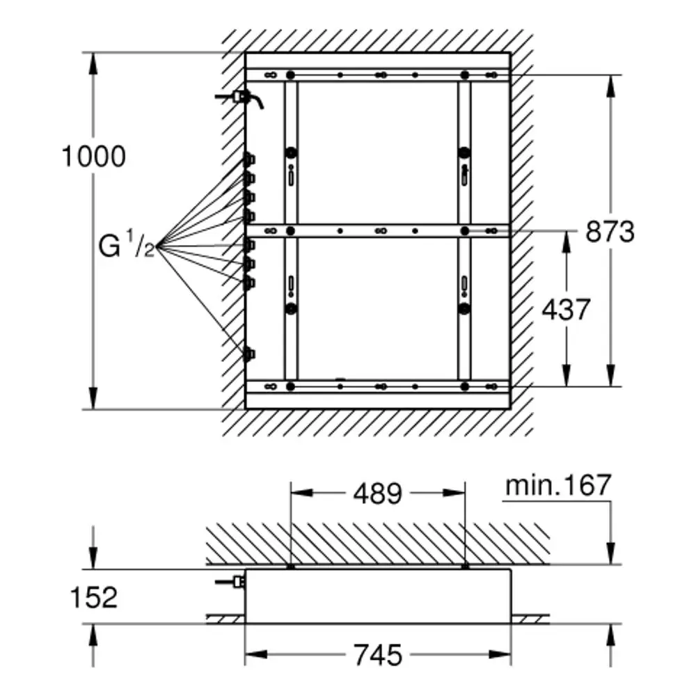 Technische Zeichnung eines Rohbausets für eine Deckenbrause von Grohe. Detaillierte Maße, Befestigungselemente und Layout sind sichtbar.