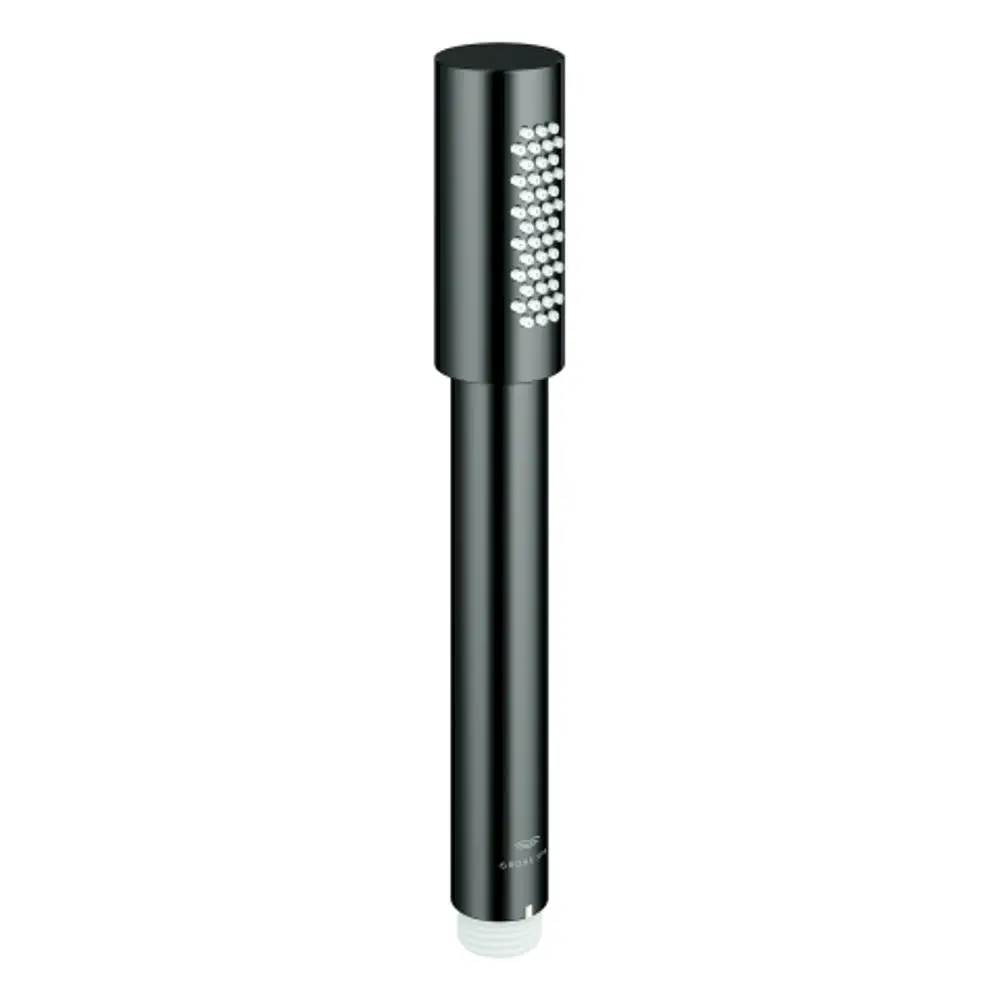 Schwarze Handbrause mit runder Form und regelmäßig angeordneten Wasserstrahlöffnungen, hergestellt von Grohe. Eignet sich für moderne Duschsysteme.