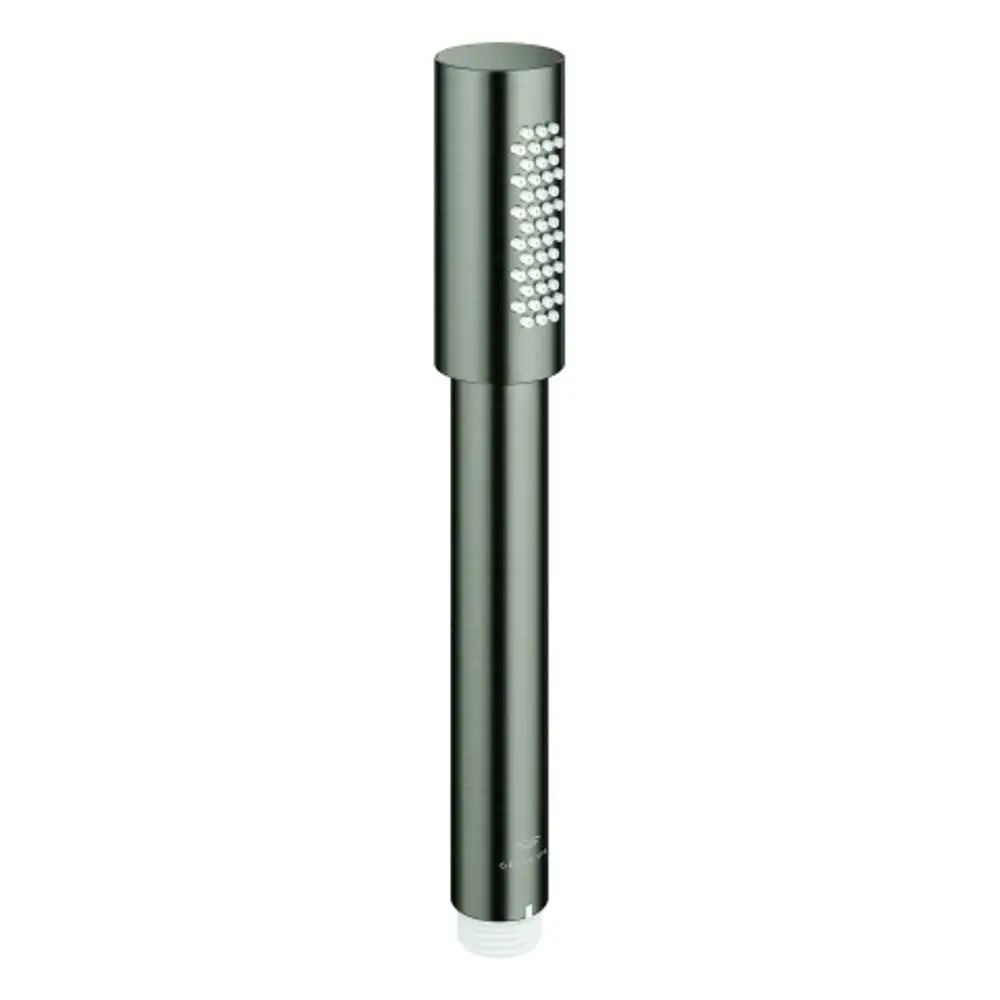 Handbrause in dunkelgrau mit runder Form und einer Seite mit Düsen, die Wasser abgeben. Produkt von Grohe, geeignet für verschiedene Duschsysteme.
