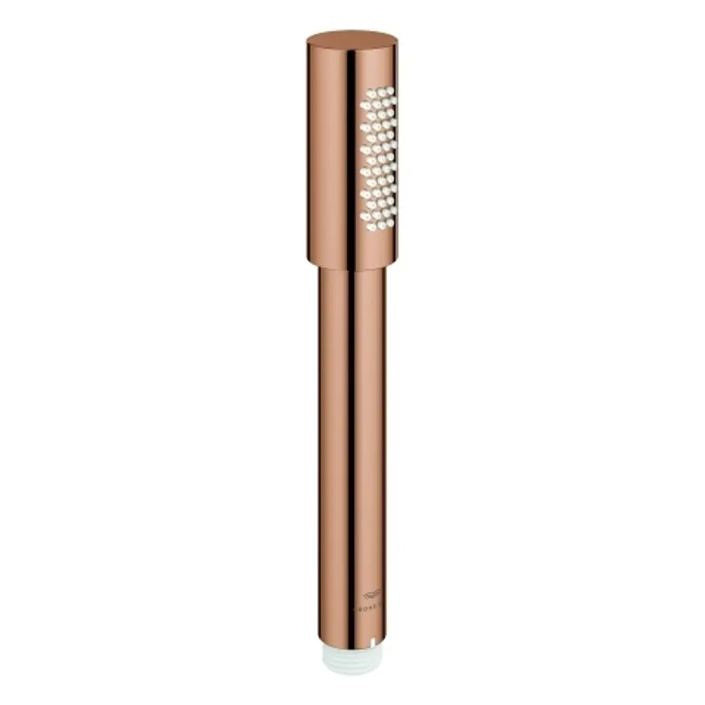 Handbrause mit schlankem, länglichem Design in Roségold von Grohe. Die Oberfläche ist glatt und der Kopf hat Düsenauslässe für den Wasserstrahl.
