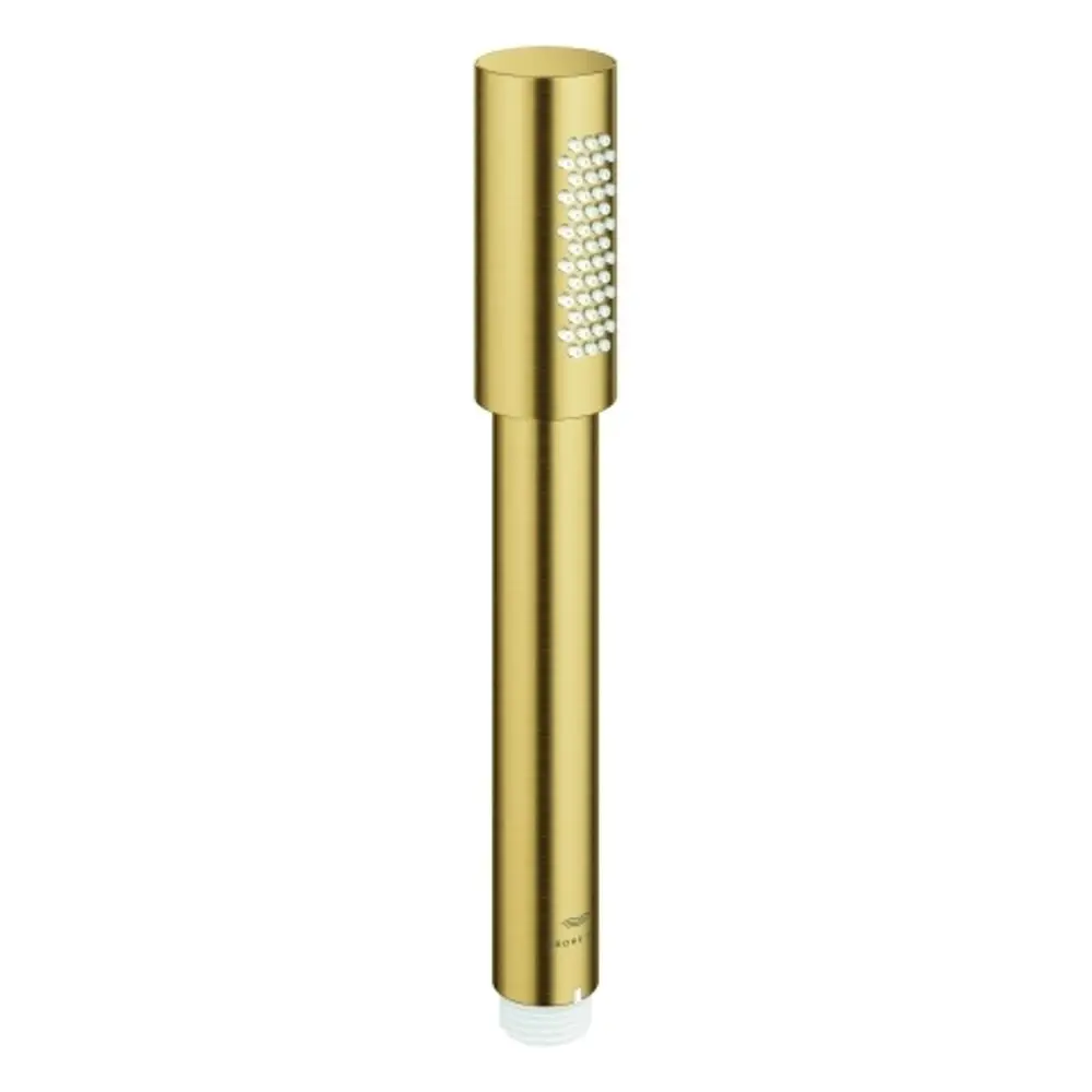 Handbrause in goldfarbener Ausführung mit einer Strahlart, hergestellt von Grohe. Die Oberfläche ist gebürstet und hat eine geradlinige Form.