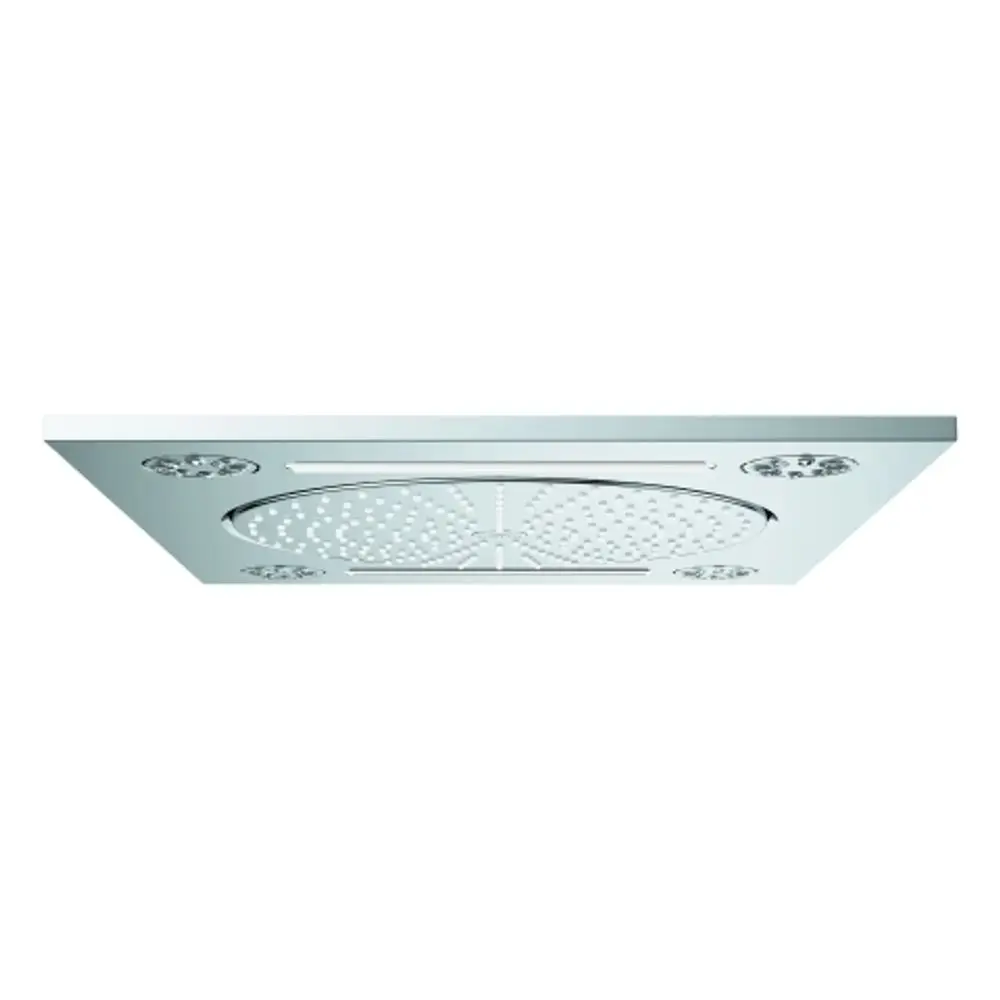 Grohe Deckenbrause mit mehreren Strahlarten und einem flachen, quadratischen Design. Die Oberfläche ist in Chrom ausgeführt und hat eine mit Düsen versehene Wasserverteilung.