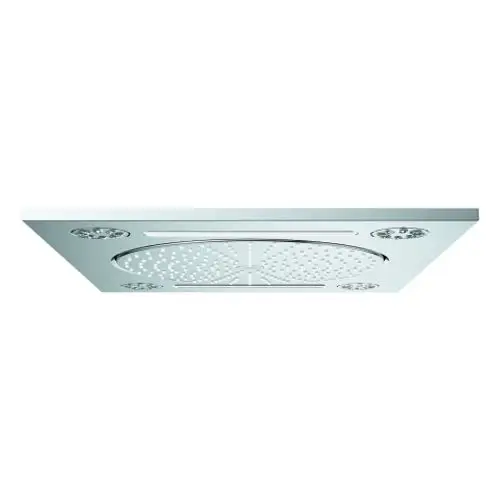Grohe Rainshower Aqua 15 Duschkopf in rechteckiger Form mit mehreren Wasserauslässen und modernem, glänzendem Design.
