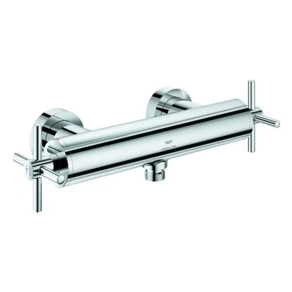 Wandmontiertes Grohe-Brausebatterie mit zwei Kreuzgriffen in chrom. Die Armatur hat eine schlichte, runde Bauform und wird über eine Wandbrücke befestigt.