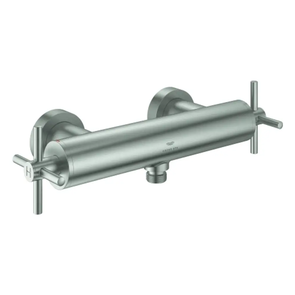 Brausebatterie von Grohe mit zwei Kreuzgriffen zur Wandmontage. Das Modell zeigt eine verchromte Oberfläche und eine runde, geschlossene Bauform.