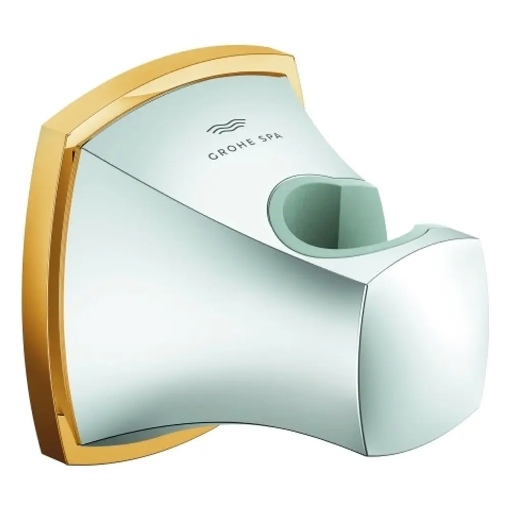 Wandbrausehalter in chrom und gold von Grohe. Abgerundete Form mit einer Öffnung zur Aufnahme einer Brause. Montageoption an der Wand erkennbar.