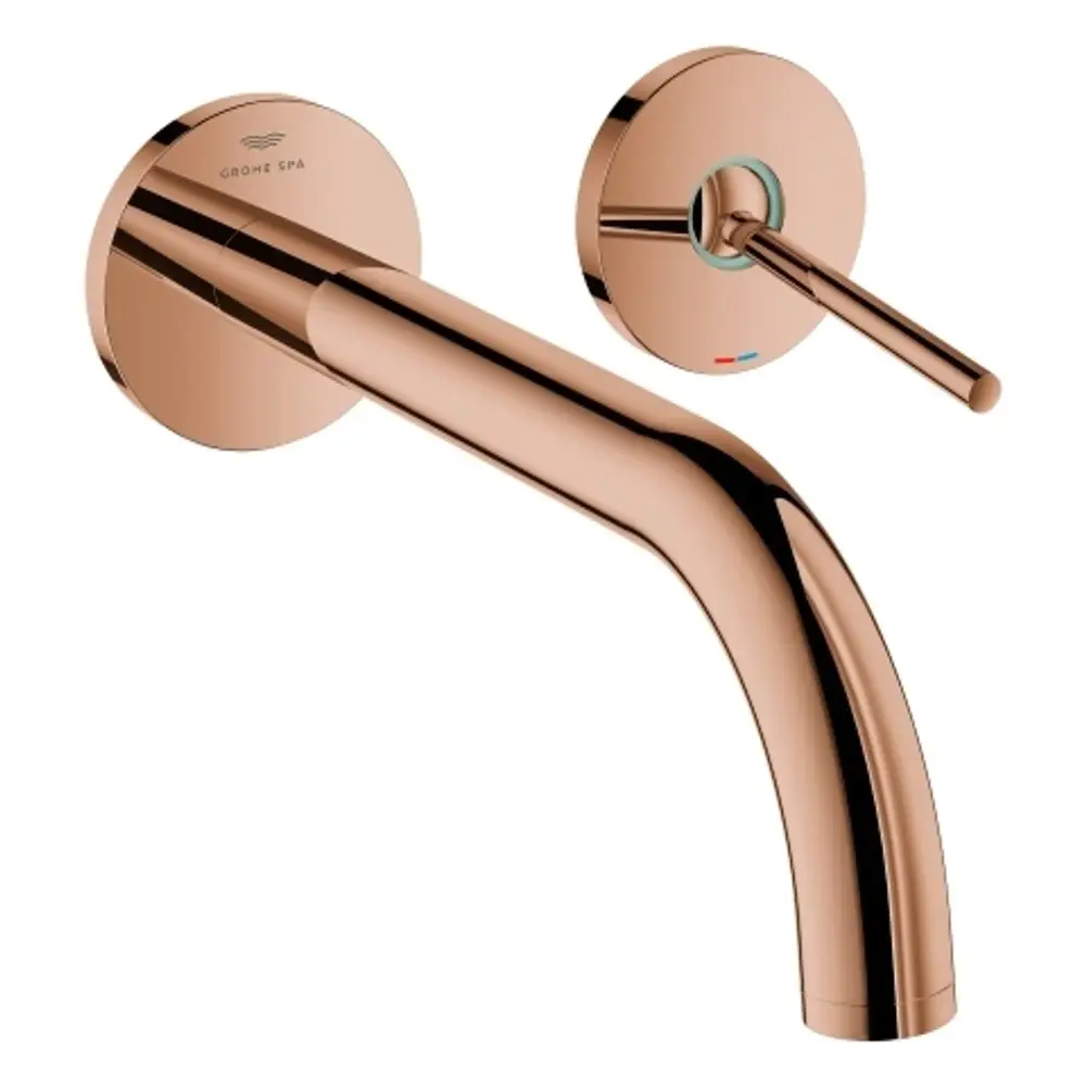 Wandbatterie von Grohe in Roségold mit einer geraden Auslaufrosette und einem leicht bedienbaren Bedienhebel für Temperatur- und Durchflussregelung.