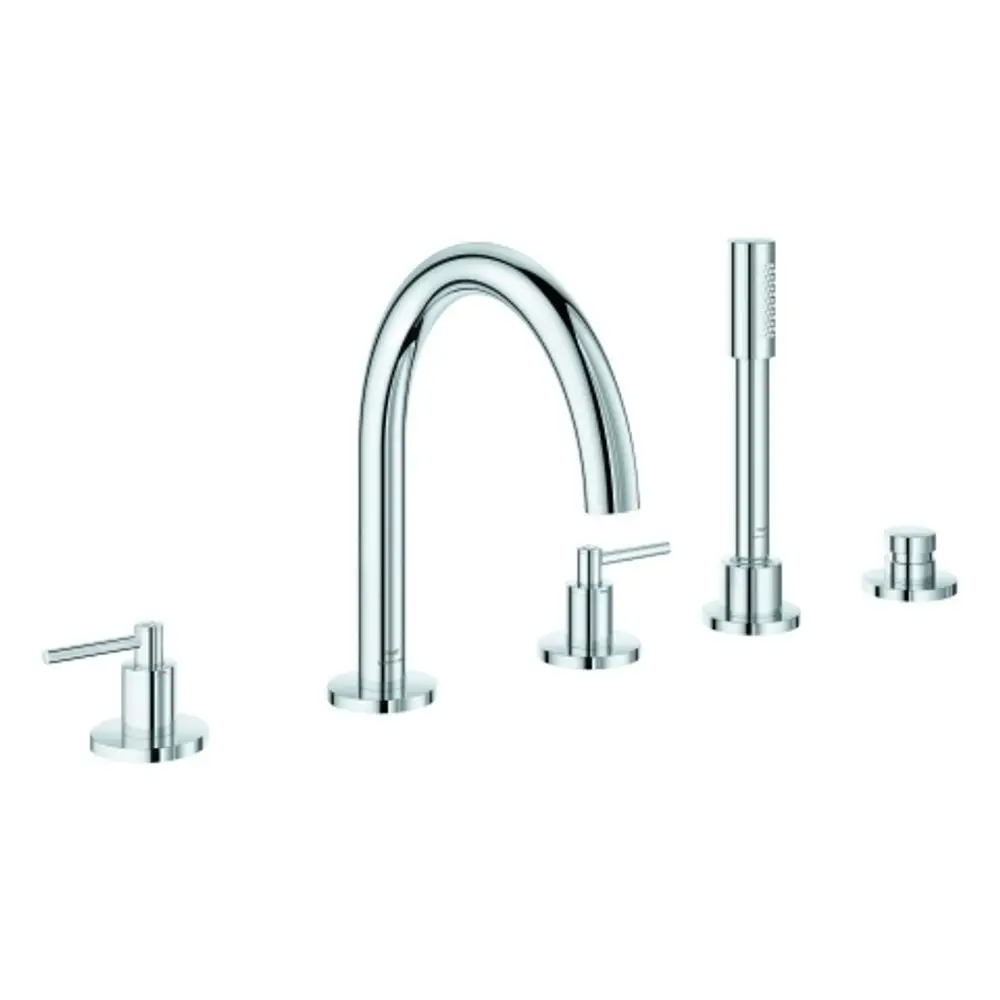 Grohe 5-Loch-Wannen-Kombination mit einem gebogenen Wasserhahn, zwei Hebelgriffen und einem zusätzlichen Handbrause-Anschluss, alles in chromfarbenem Finish.