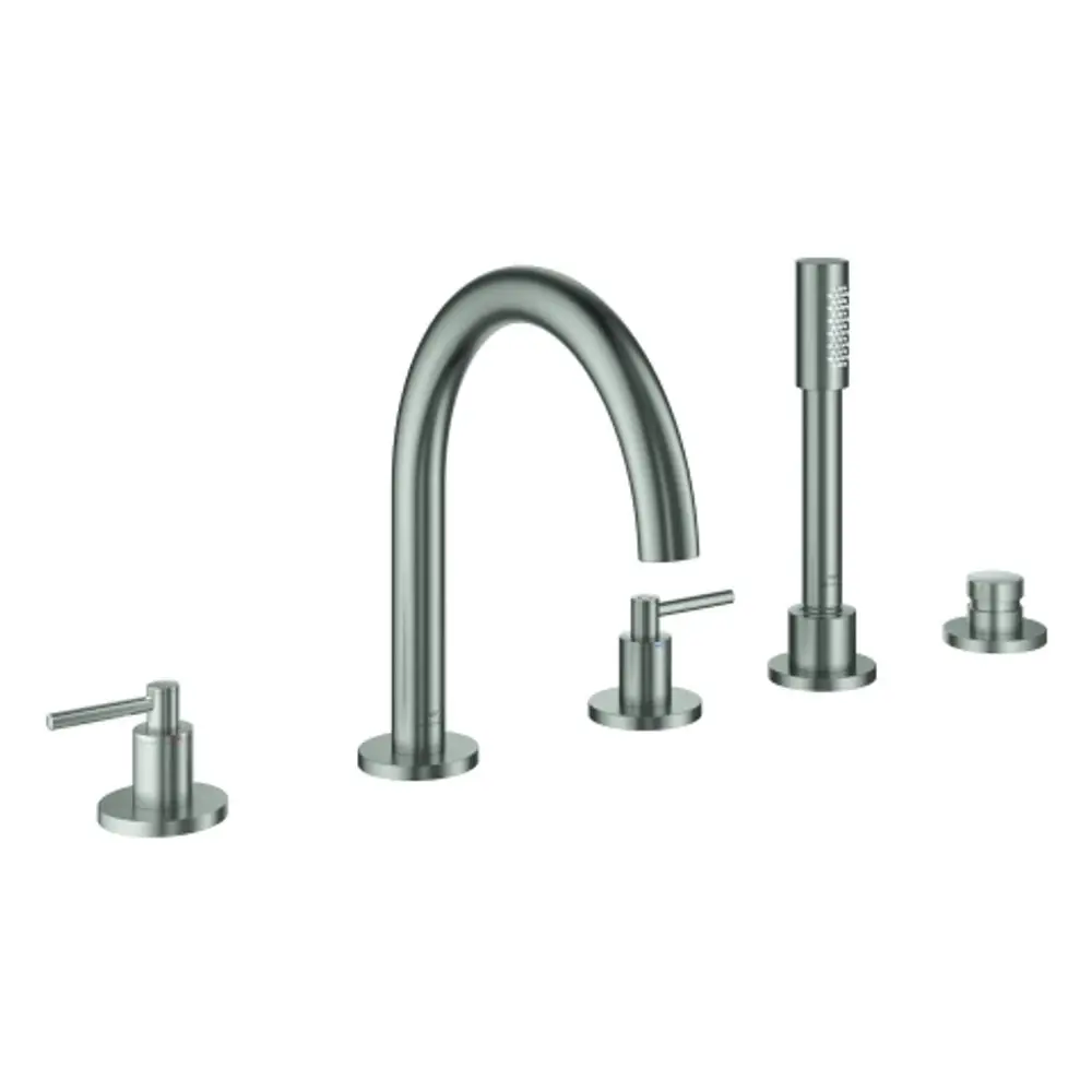 Grohe 5-Loch-Wannen-Kombination mit einem gebogenen Wasserhahn und separaten Steuergriffen in einem matschigen Stahl-Finish.