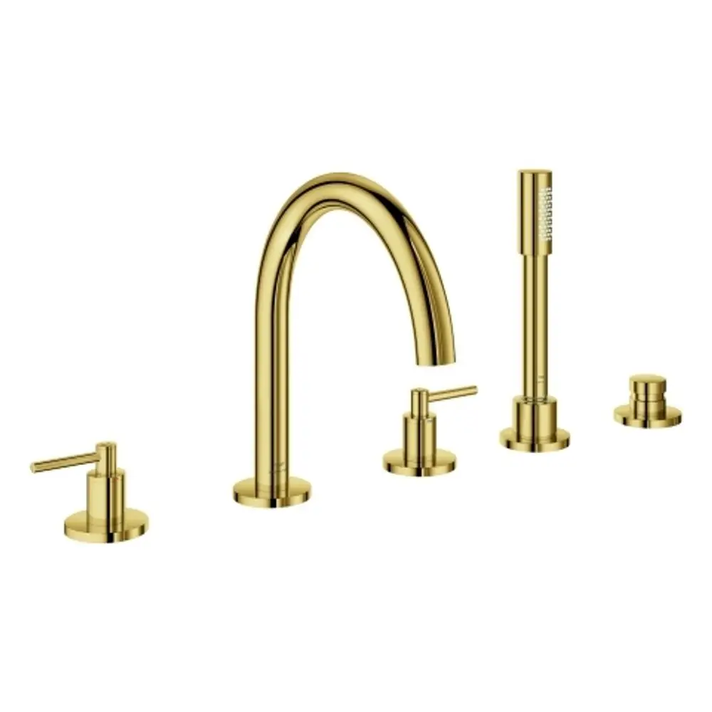 Grohe Wannen-Kombination mit fünf Komponenten in goldener Ausführung, bestehend aus einem wasserführenden Auslauf und mehreren Bedienelementen.