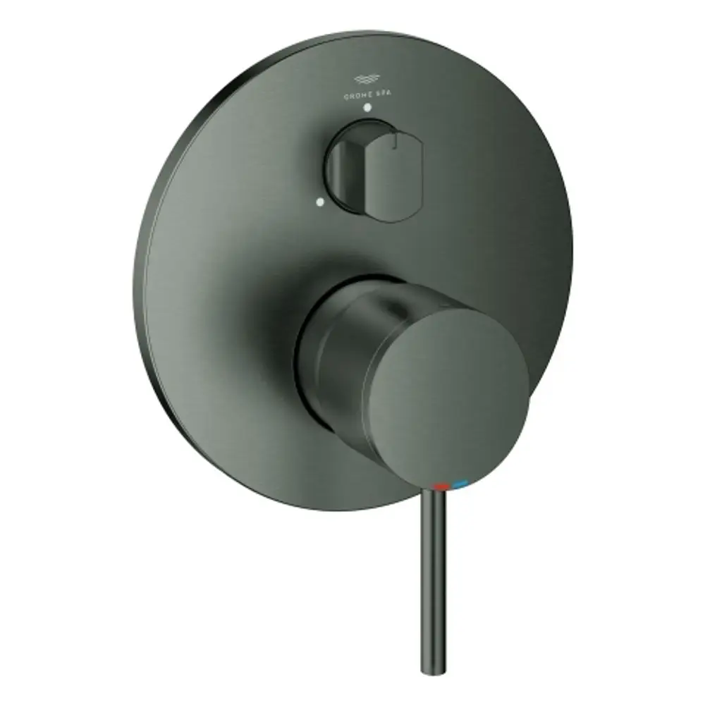 Einhandbatterie in mattem Schwarz mit runden Bedienelementen. Das Produkt von Grohe zeigt Steuerungen für Wasserfluss und Temperatur.