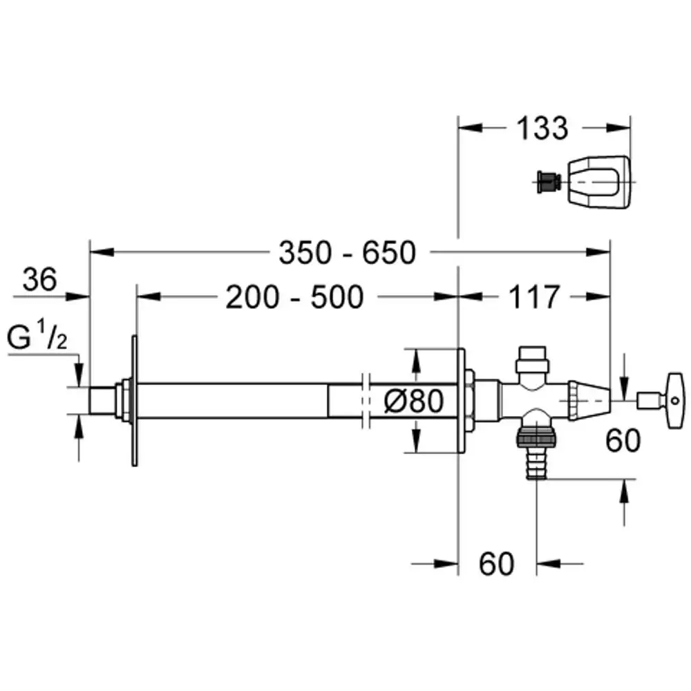 Diagramm eines Außenwandventils von Grohe mit technischen Maßen und Anschlüssen. Darstellung der Bauart mit Abmessungen für Installationselemente.