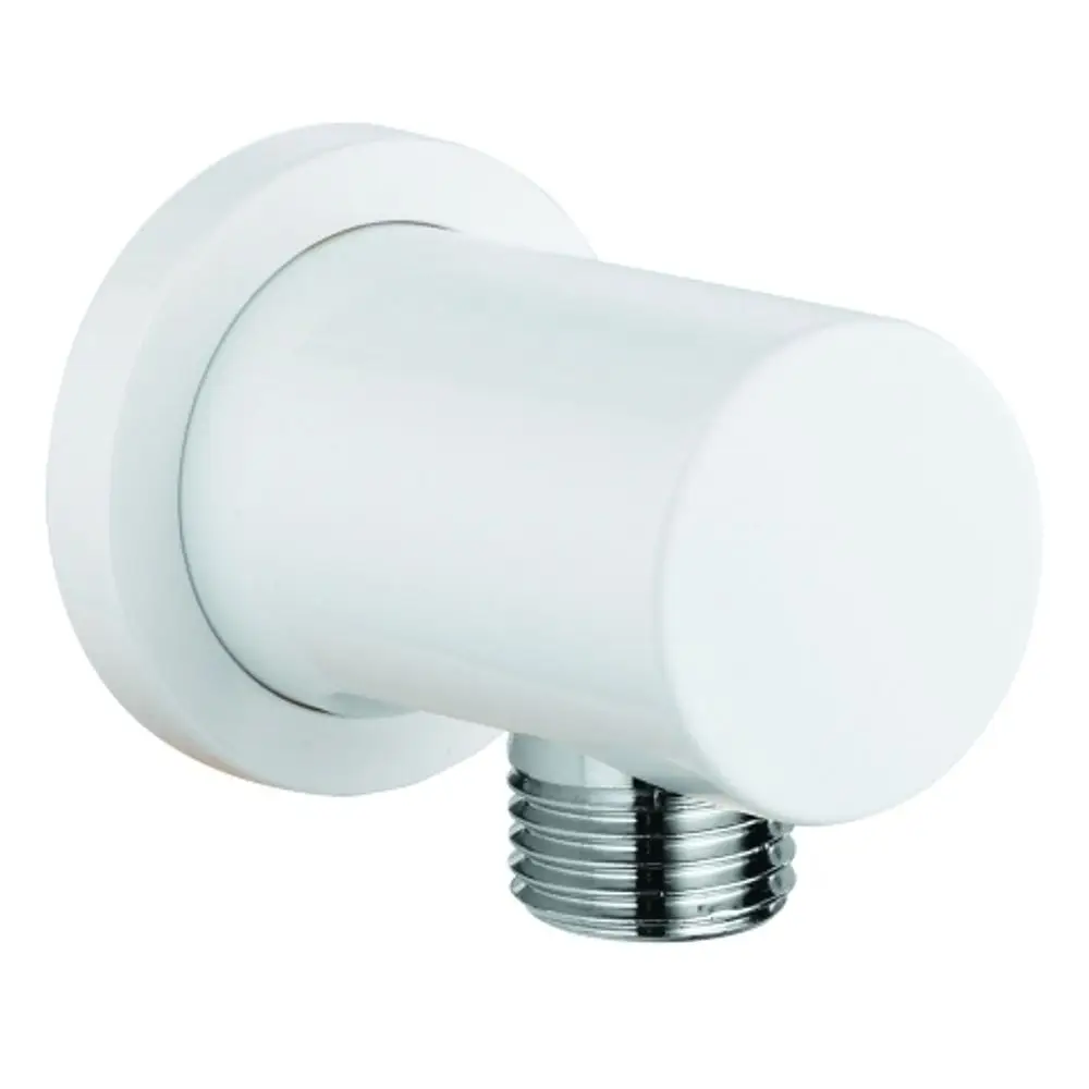 GROHE Wandanschlussbogen mit runder Rosette in moon white und chromfarbener Oberfläche, angeschlossen an ein Rohr.