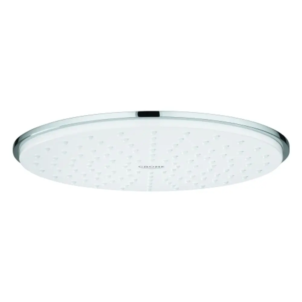 Grohe Kopfbrause mit runder, flacher Form in weiß mit chromfarbenen Akzenten. Die Oberfläche ist mit mehreren Düsen für den Wasserausfluss ausgestattet.