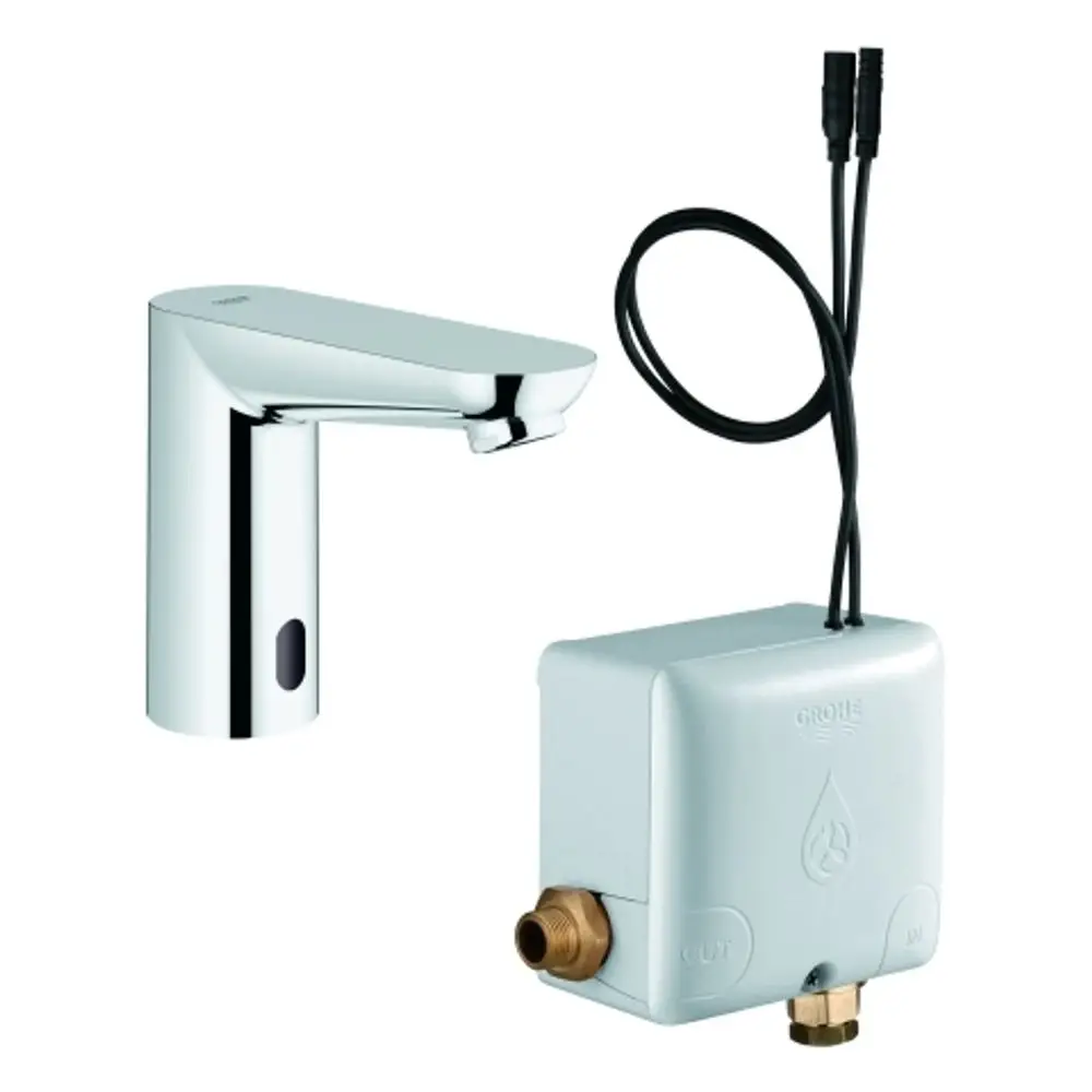 Grohe elektronische Armatur mit einem Sensor und einem Steuergerät zur Wassersteuerung, ideal für den Einsatz in öffentlichen oder gewerblichen Sanitäranlagen.