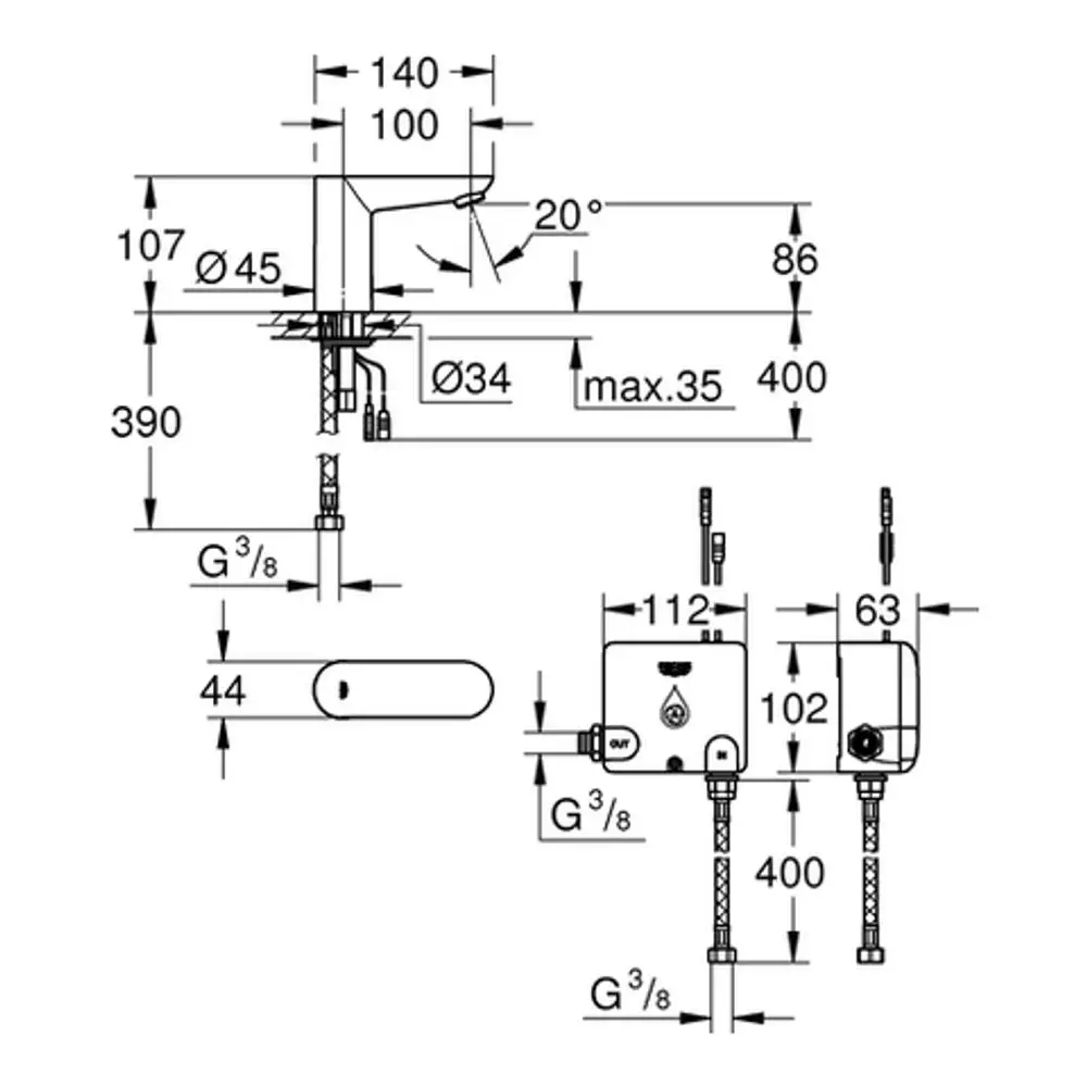 Technische Zeichnung eines Grohe-Produkts mit Maßen, Anschlüssen und Montagehinweisen zur IR-Elektronik, ohne Mischung, für Wandmontage.
