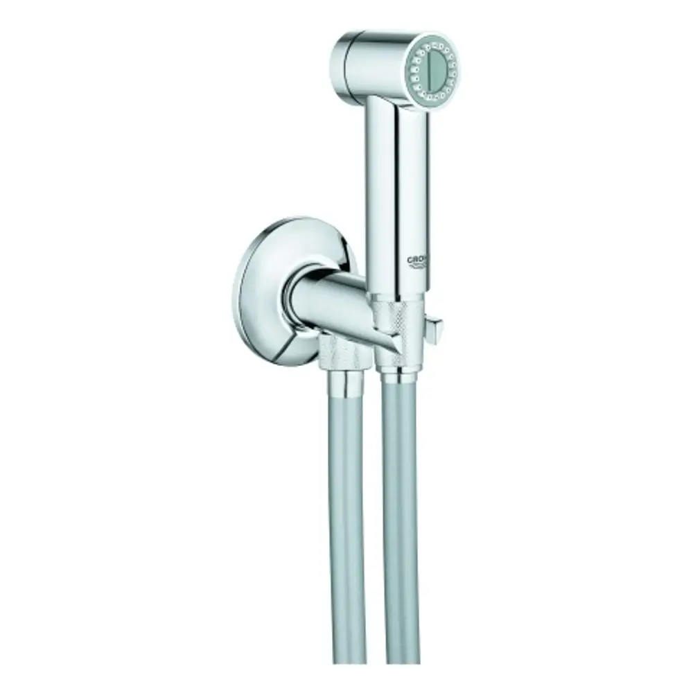 Küchenarmatur mit einem Handbrausekopf, befestigt an einer Wandhalterung. Erkennbar ist die Marke Grohe. Die Armatur hat einen chromfarbenen, glänzenden Finish.