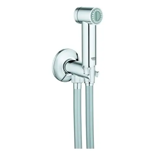 Chromfarbener Handbrausekopf mit Schlauchhalterung und zwei flexiblen Schläuchen, ideal für die Dusche oder Badezimmeranwendung.