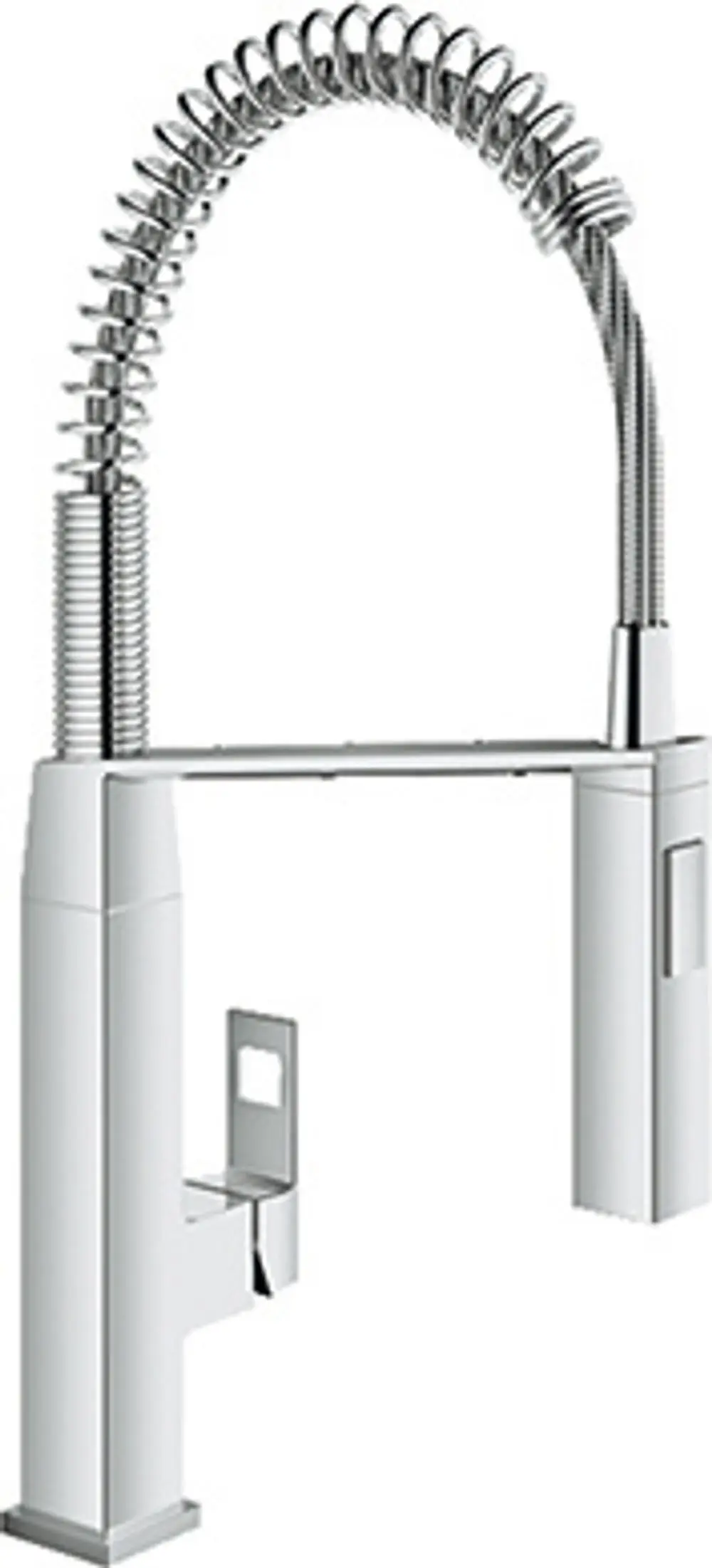 Chromfarbige Küchenarmatur mit flexibler Ausziehbrause und Quellenschwenkfunktion, hergestellt von Grohe. Design mit klaren Linien und funktionaler Handhabung.